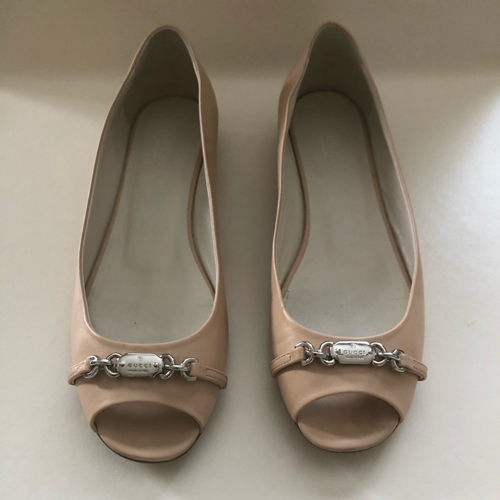 Gucci Sable Leather Peep Toe Ballet Flats 38.5/8.5